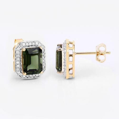 3.57 Carat Green Tourmaline & Diamond 14K Yellow Gold Earrings