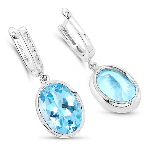 15.13 Carat Blue Topaz & White Diamond Sterling Silver Earrings
