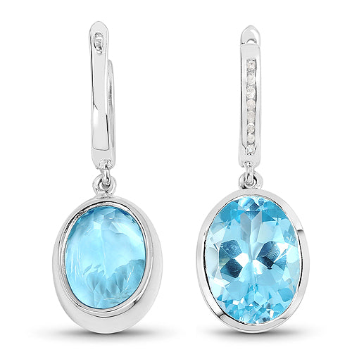 15.13 Carat Blue Topaz & White Diamond Sterling Silver Earrings