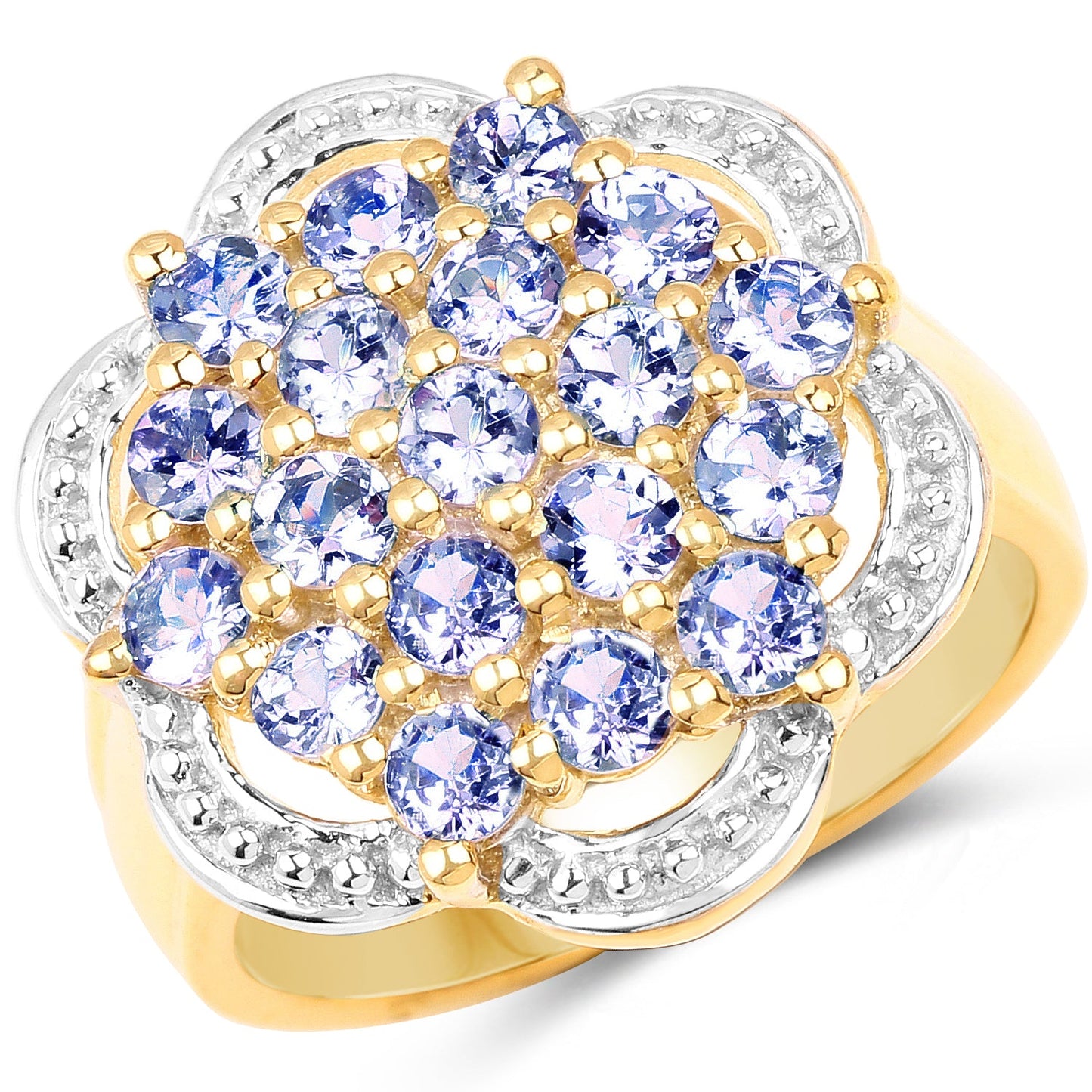 Bague en argent sterling avec cluster de tanzanite plaqué or jaune 14K