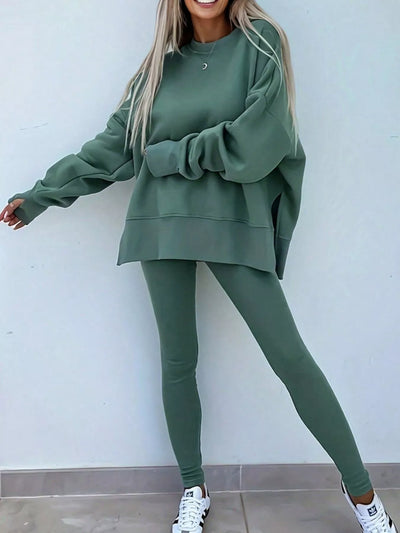 Ensemble Sweatshirt Oversize à Fente et Leggings Côtelés