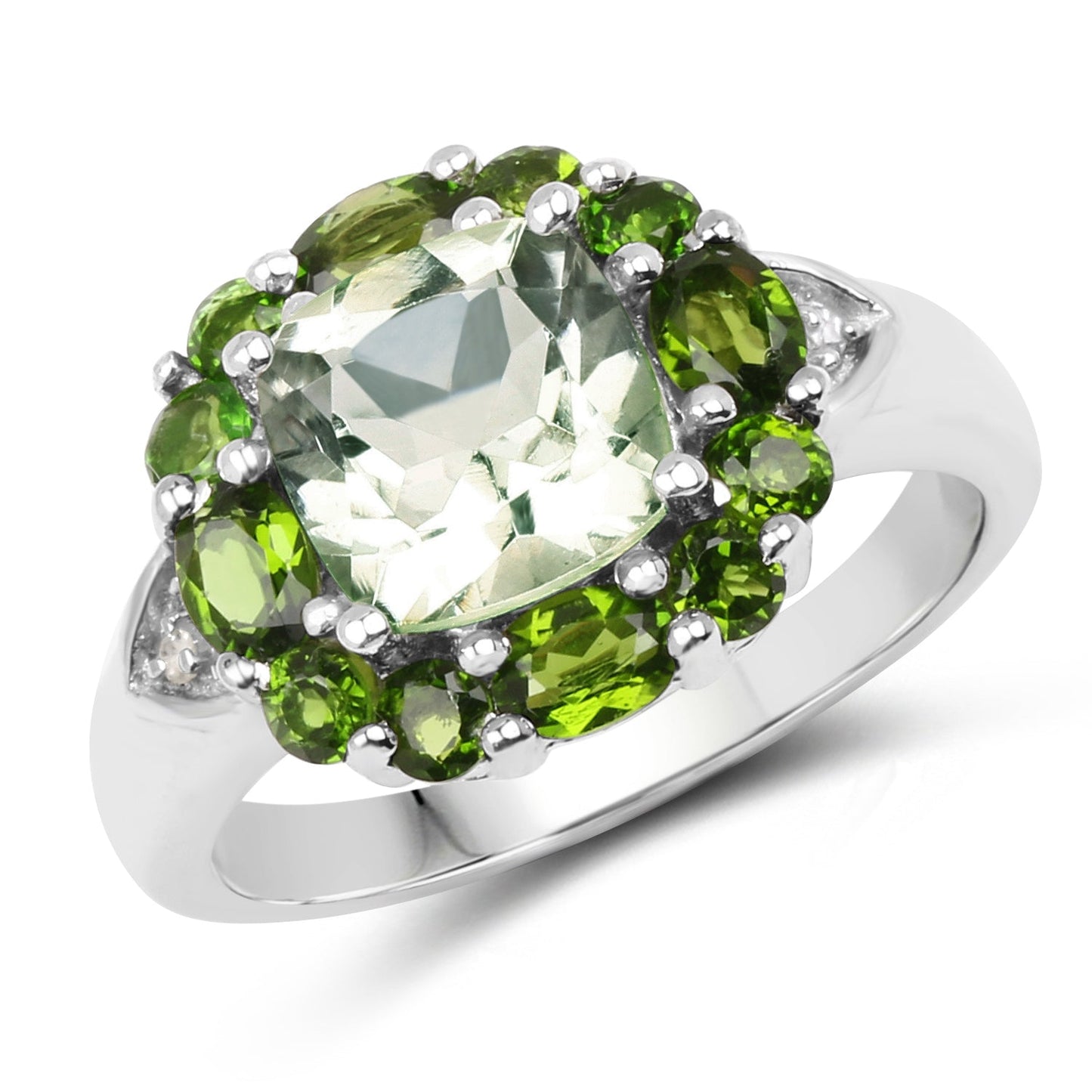 Anillo de Plata de Ley con Amatista Verde de 3.49 Quilates y Diopside Cromado