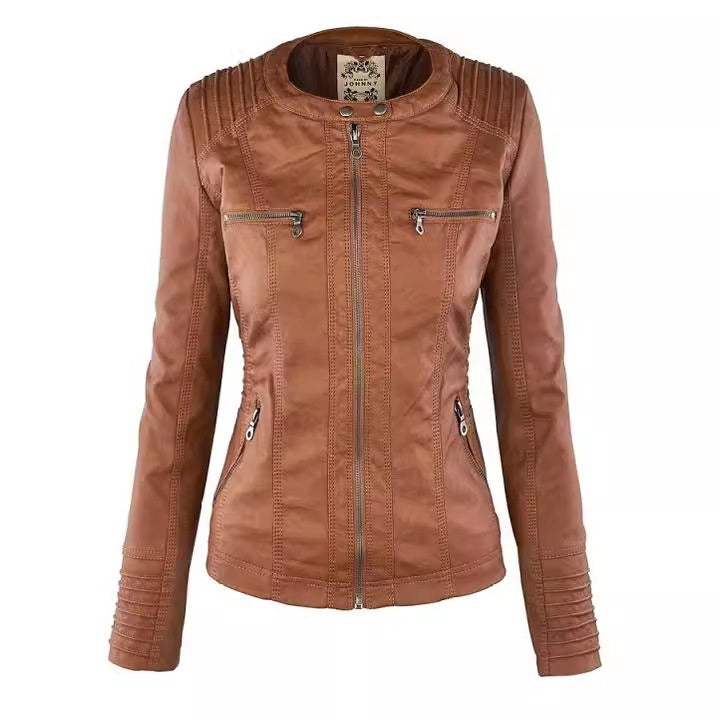 Women's Detachable Lapel Long Sleeve Solid Color Zipper Leather Jacket Coat - Korvel