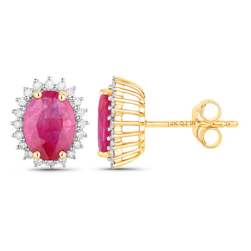 Pendientes de Rubí y Diamante Genuine de 3.14 Quilates en Oro Amarillo de 14K