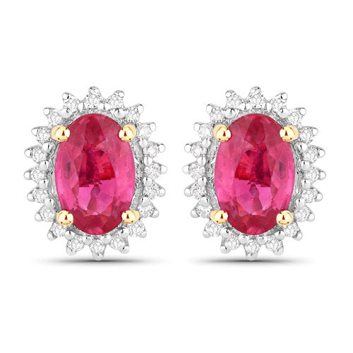 Boucles d'oreilles en or jaune 14K avec rubis et diamants blancs de 1,16 carat