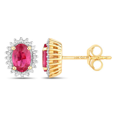 Boucles d'oreilles en or jaune 14K avec rubis et diamants blancs de 1,16 carat