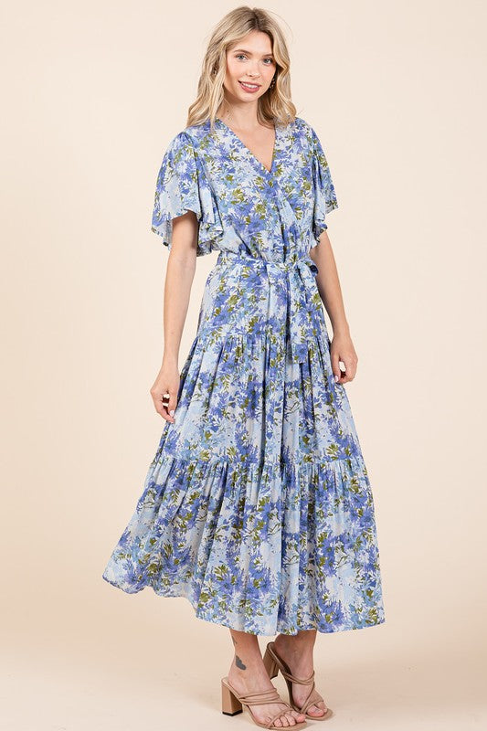 Floral Tie Waist Flutter Sleeve Tiered Dress for Women