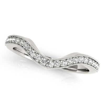 14k White Gold Curved Diamond Wedding Band with Milgrained Border