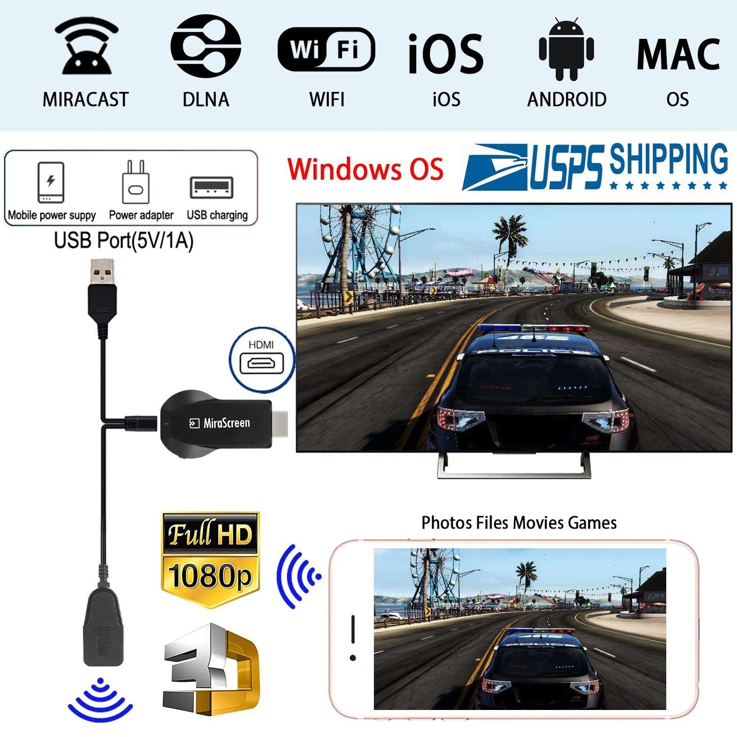 1080P Wireless Display Adapter for Seamless Streaming