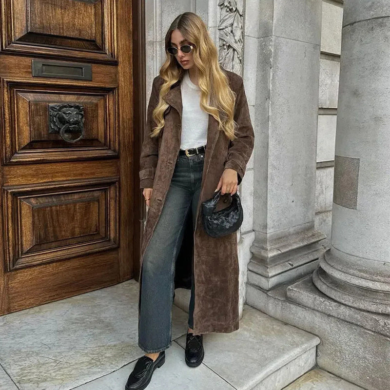 Manteau long en suède vintage à double boutonnage avec ceinture