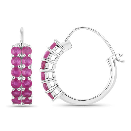 3.12 Carat Genuine Ruby Sterling Silver Hoop Earrings