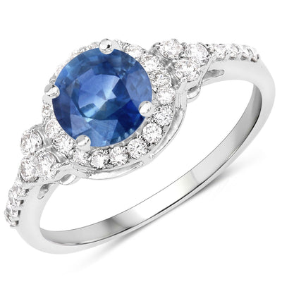 Bague Halo en Saphir Bleu et Diamants de 1,34 Carat en Or Blanc 14K