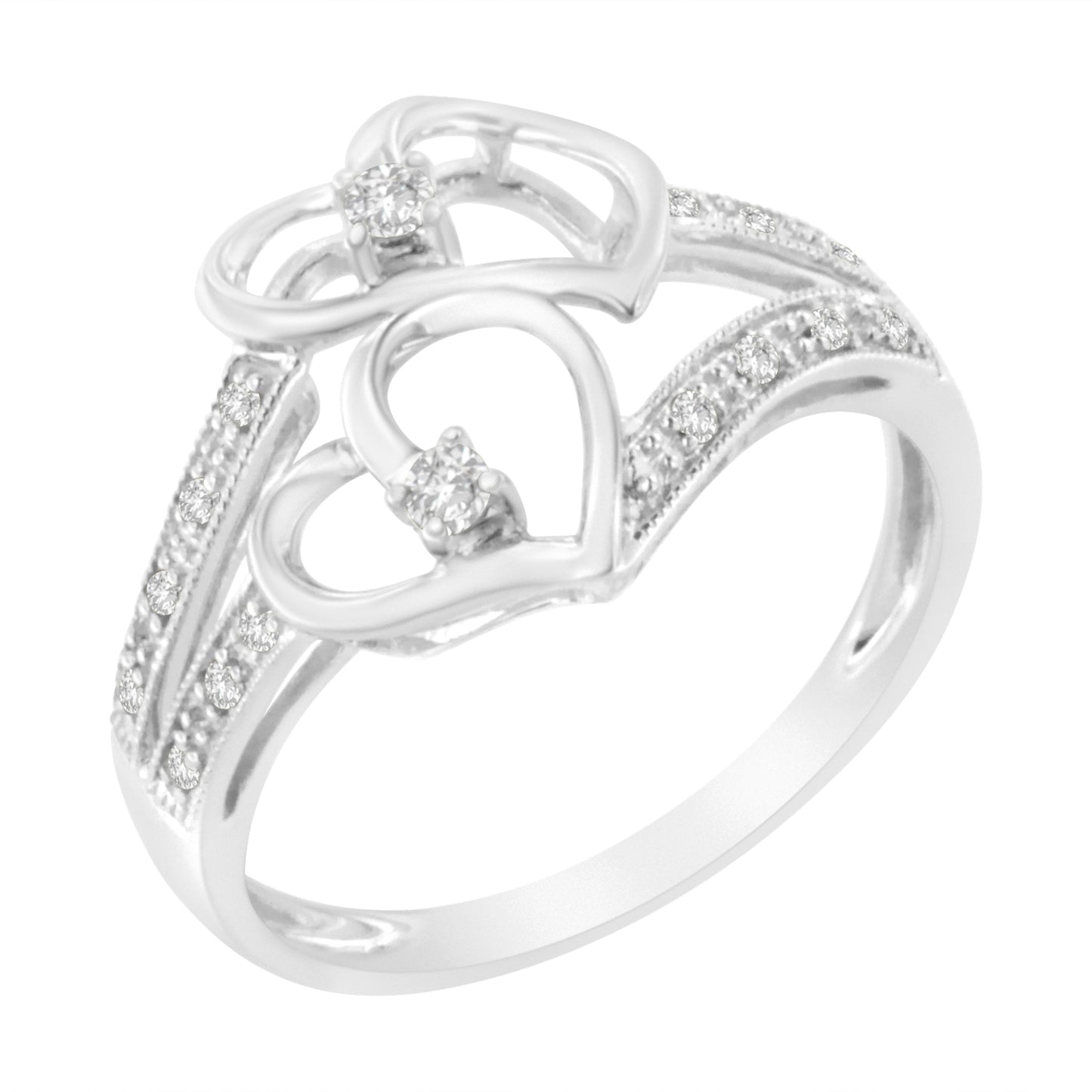 14KT White Gold Diamond Twin Heart Ring - Size 6.5