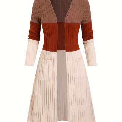 Womens Plus-Size Casual Contrasting Color Long-Sleeve Cardigan
