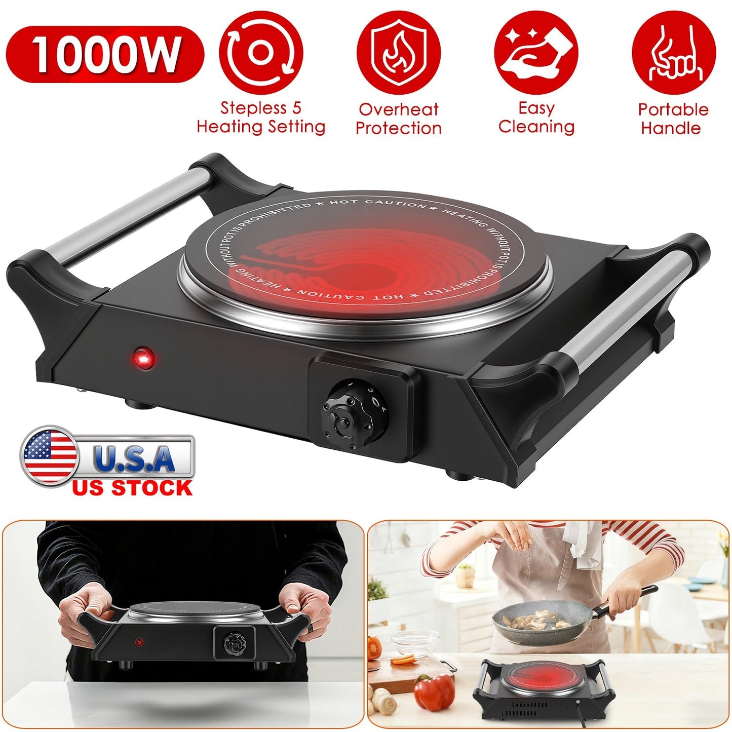 1000W Electric Single Burner Portable Hot Plate with Adjustable Temperature