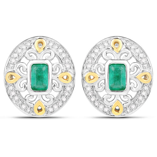 0.69 Carat Genuine Zambian Emerald and Diamond Sterling Silver Earrings