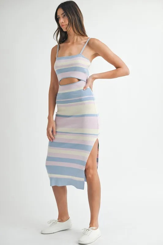 Vibrant Multi Color Striped Cutout Knit Midi Dress