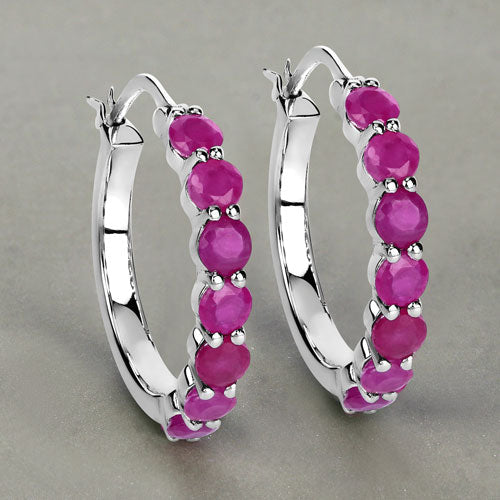 2.80 Carat Genuine Ruby .925 Sterling Silver Hoop Earrings