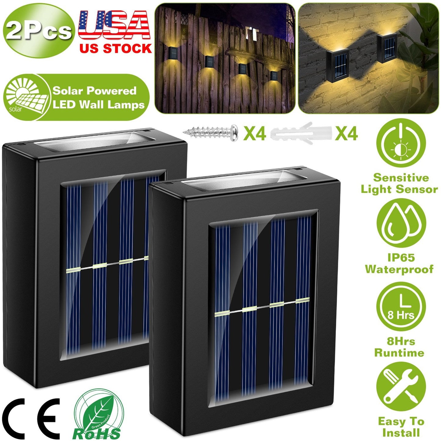 2Pcs Solar Deck Lights - Waterproof Outdoor Lighting