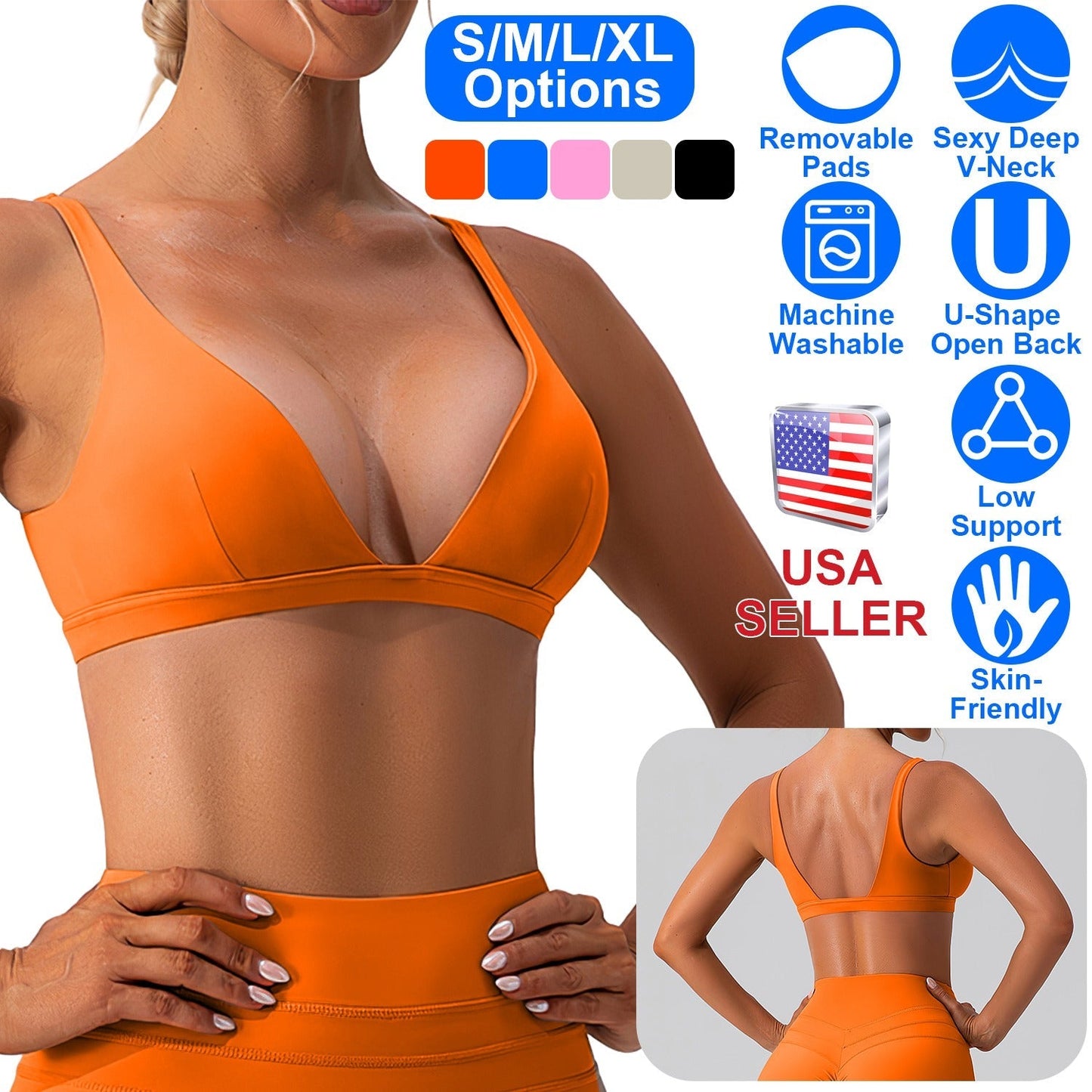 Women Deep V-Neck Sports Bra with U-Shaped Back