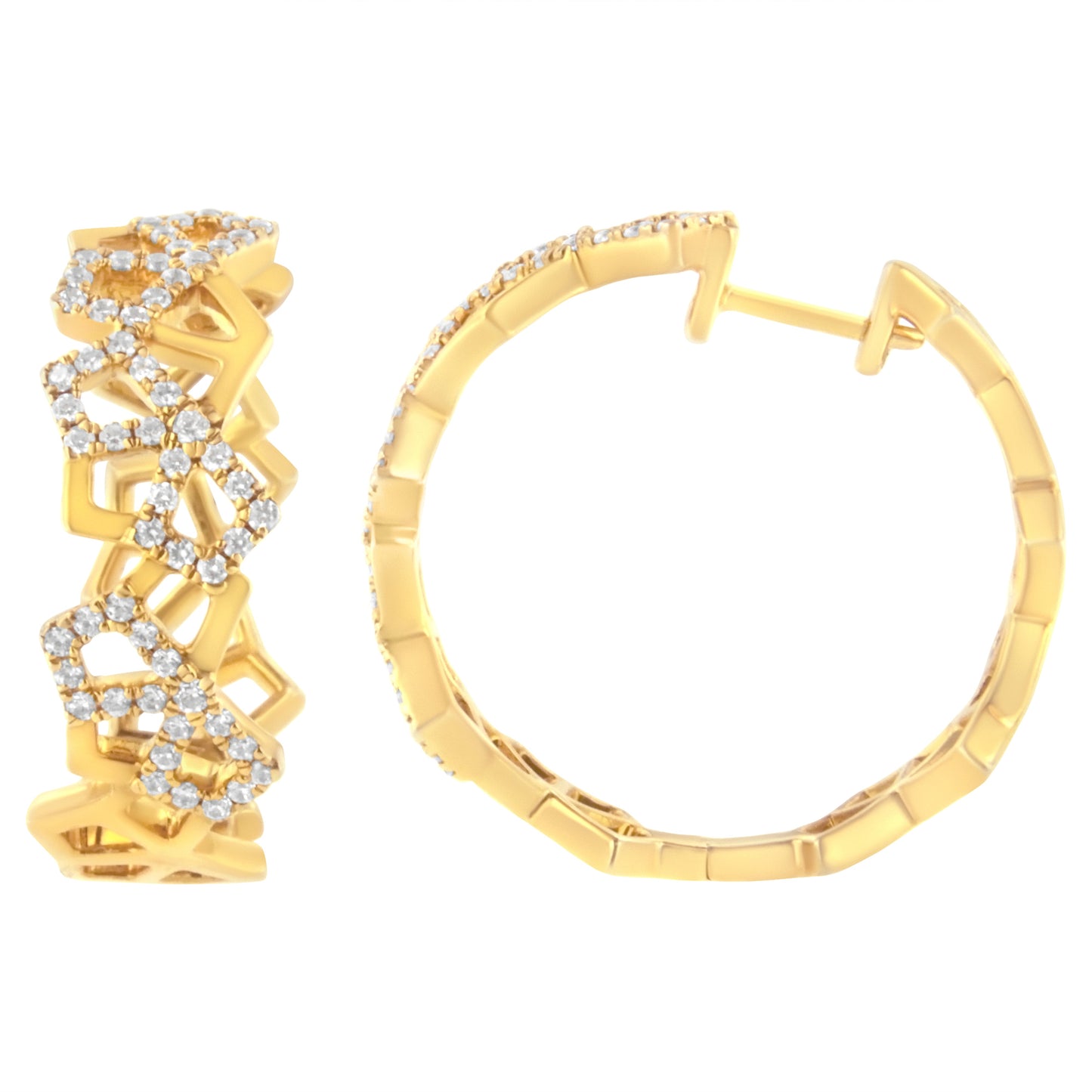 14K Yellow Gold Diamond Honeycomb Hoop Earrings - 24MM