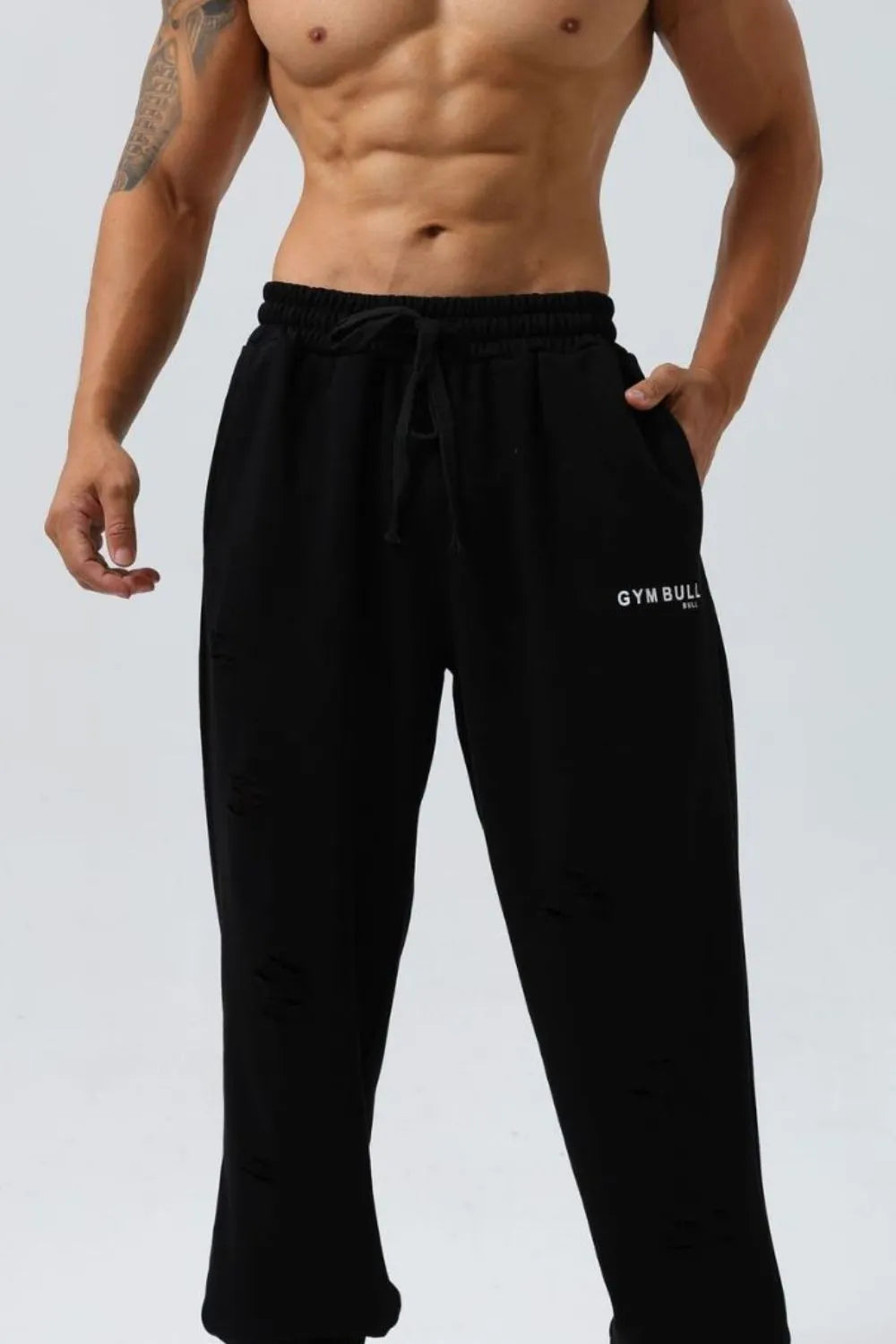 Joggers de tiro alto para hombres en tallas grandes con diseño desgastado y cordón