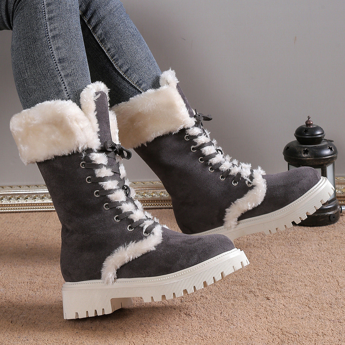 Winter Lace-up Snow Boots for Women - Plush Warm Chunky Heels