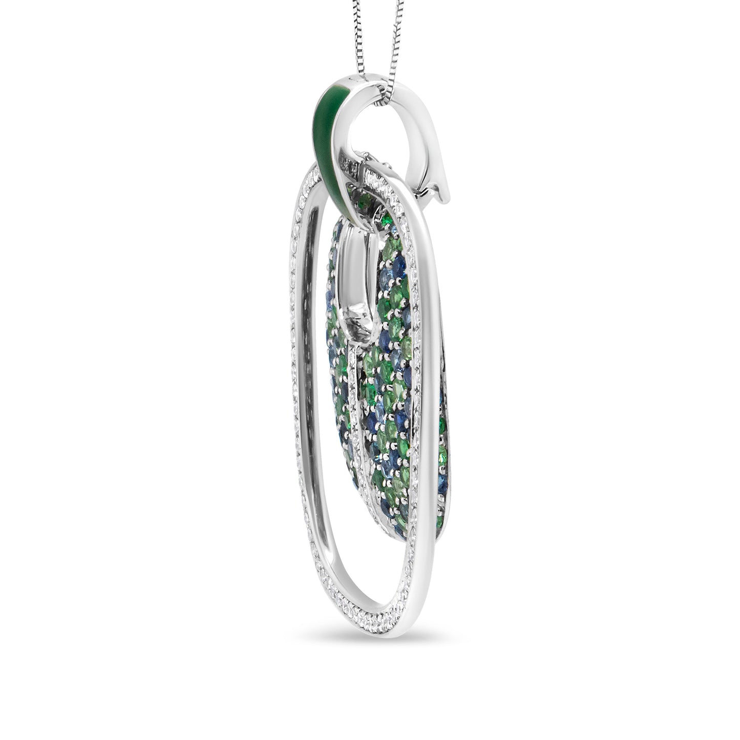 .925 Sterling Silver Green Enamel Pendant Necklace with Diamonds and Gemstones