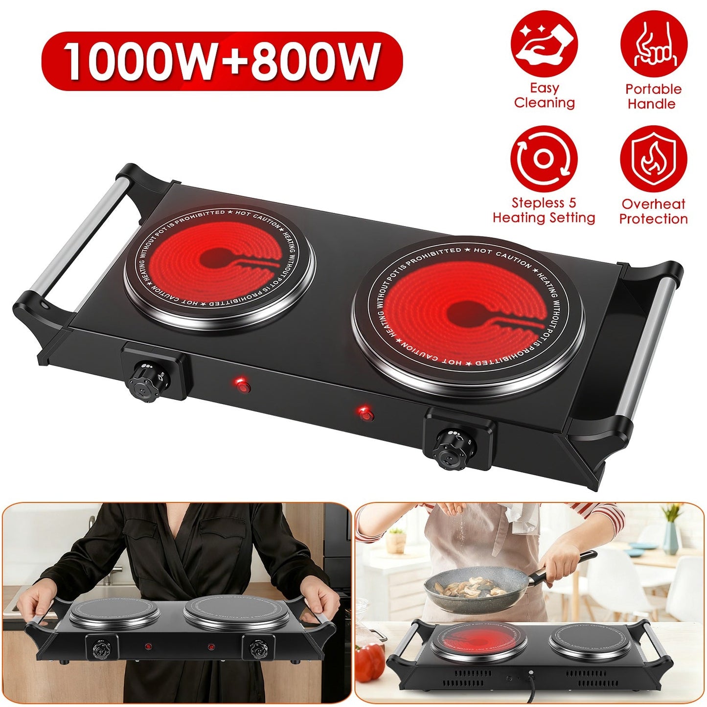 Placa Calentadora Portátil Doble de 1800W