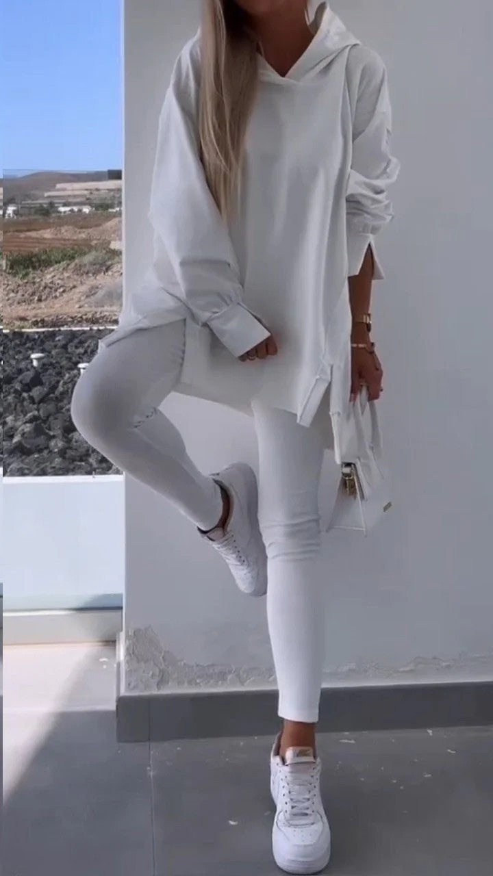 Women's Sports Casual Slit Hooded Sweatshirt Tights Set