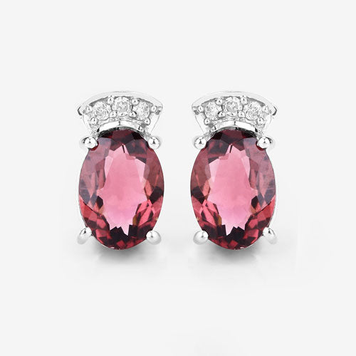 1.35 Carat Genuine Pink Tourmaline & White Diamond Earrings in 14K White Gold