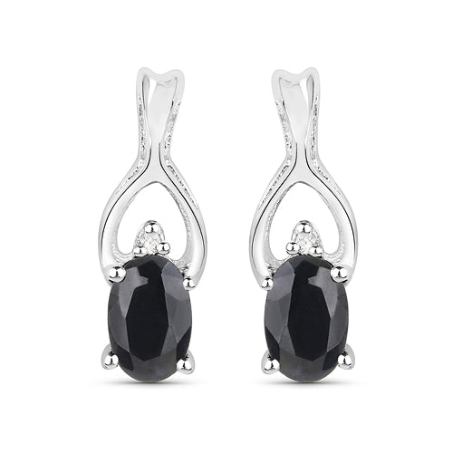 14K White Gold Plated Black Sapphire & Diamond Earrings