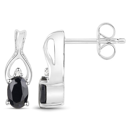 14K White Gold Plated Black Sapphire & Diamond Earrings