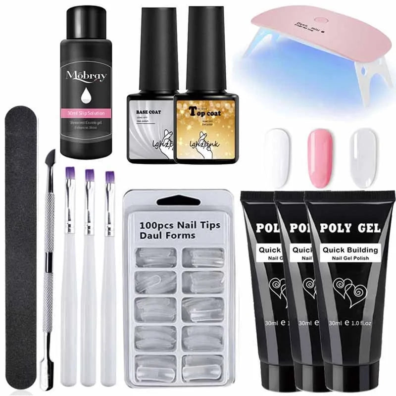 Kit de Poly Gel pour Nail Art Français avec Pinceau UV et Conseils d'Ongles