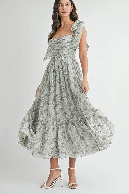 Robe midi froncée à buste floral avec lien d'épaule