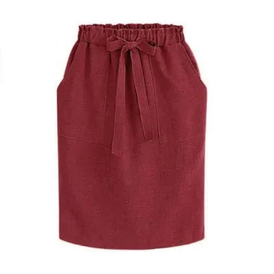 Falda de Cintura Elástica de Algodón para Mujer con Lazo - Estilo Midi Lápiz (Verde)