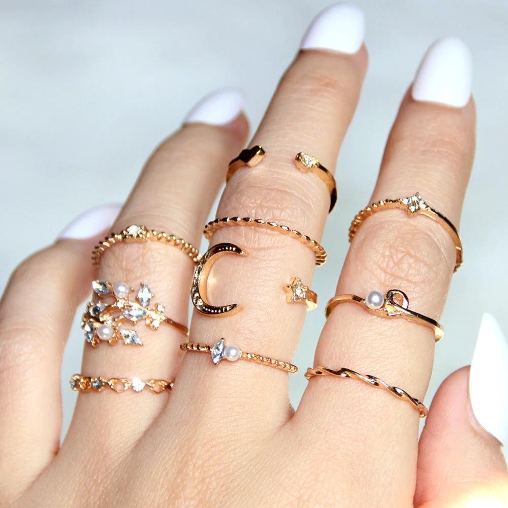 Conjunto de Anillos Mandotos Bohemio Estrella Luna Perla Hoja de 10 Piezas