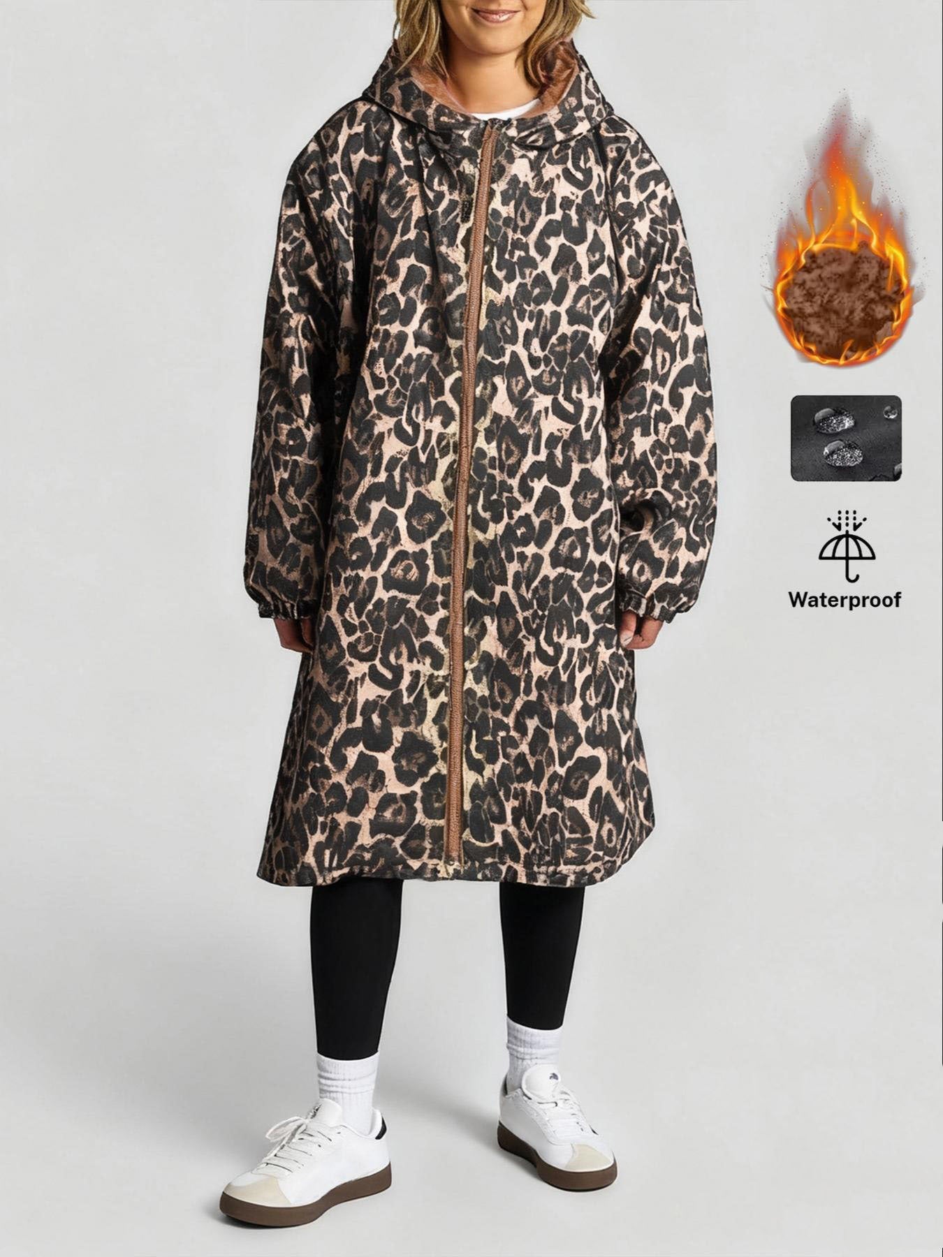 Fleece-Lined Hooded Leopard Print Trench Coat