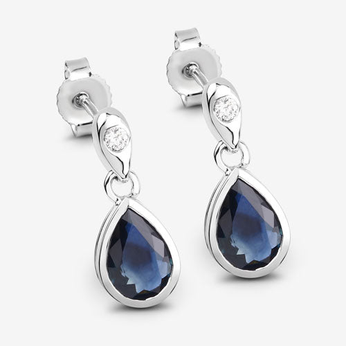 1.65 Carat Genuine Blue Sapphire and White Diamond Earrings