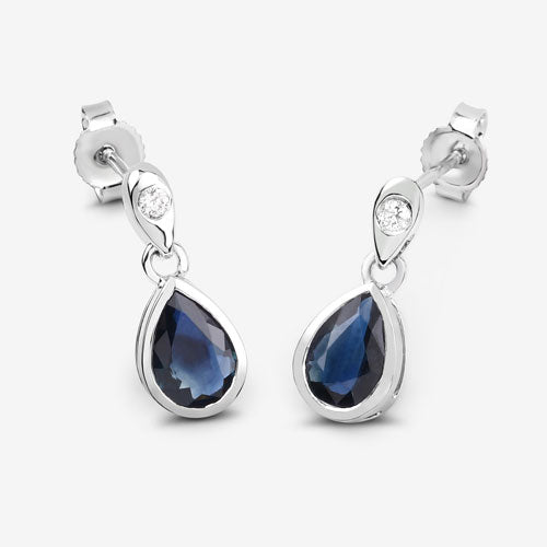 1.65 Carat Genuine Blue Sapphire and White Diamond Earrings