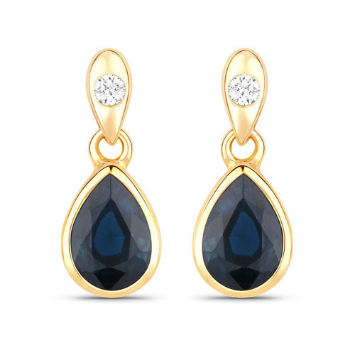 Pendientes de zafiro azul genuino y diamante de 1.65 quilates en oro amarillo de 10 quilates