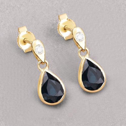 Pendientes de zafiro azul genuino y diamante de 1.65 quilates en oro amarillo de 10 quilates