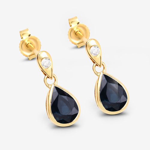 Pendientes de zafiro azul genuino y diamante de 1.65 quilates en oro amarillo de 10 quilates