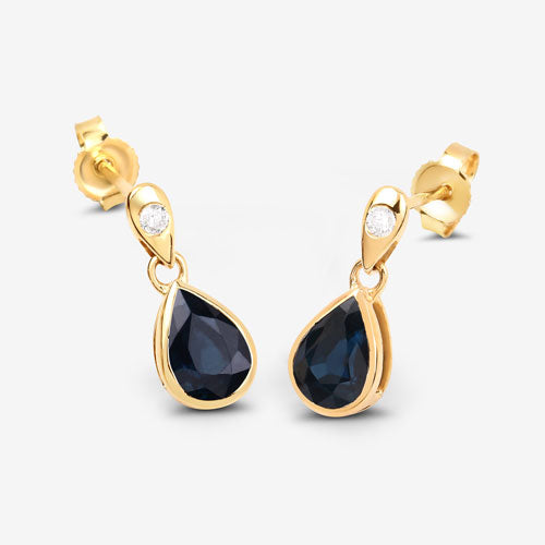 Pendientes de zafiro azul genuino y diamante de 1.65 quilates en oro amarillo de 10 quilates