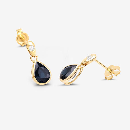 Pendientes de zafiro azul genuino y diamante de 1.65 quilates en oro amarillo de 10 quilates