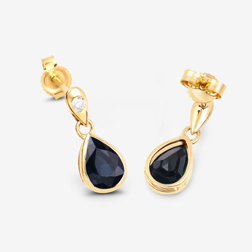 Pendientes de zafiro azul genuino y diamante de 1.65 quilates en oro amarillo de 10 quilates