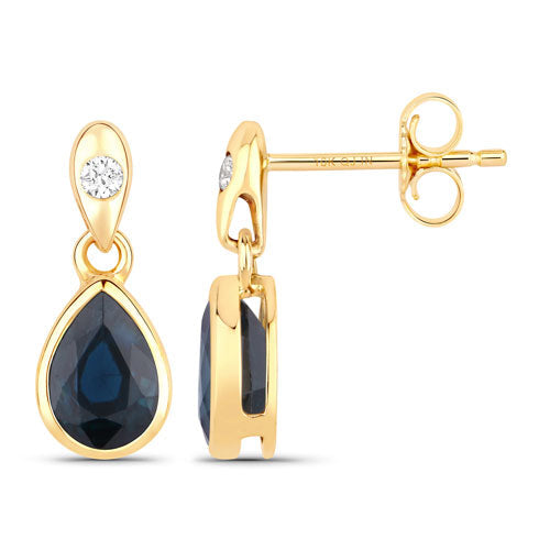 Pendientes de zafiro azul genuino y diamante de 1.65 quilates en oro amarillo de 10 quilates