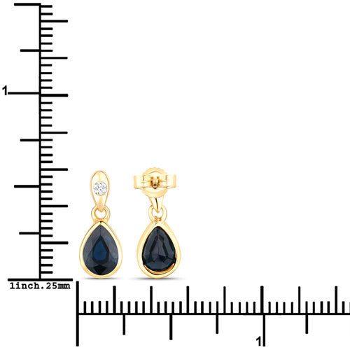Pendientes de zafiro azul genuino y diamante de 1.65 quilates en oro amarillo de 10 quilates
