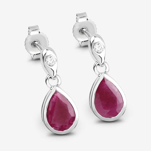 Pendientes de Rubí Genuino de 1.65 Quilates y Diamante Blanco en Oro Blanco de 10K