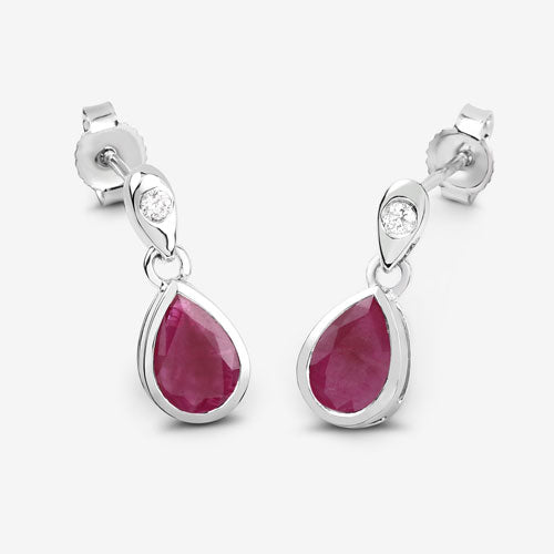 Pendientes de Rubí Genuino de 1.65 Quilates y Diamante Blanco en Oro Blanco de 10K